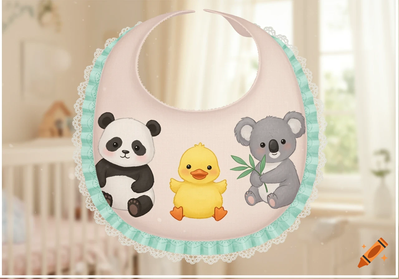 A pale pink baby bib with ruffled aqua lace trim features a cute cartoon panda, yellow duck, and koala holding a leaf, set against a blurry nursery background.