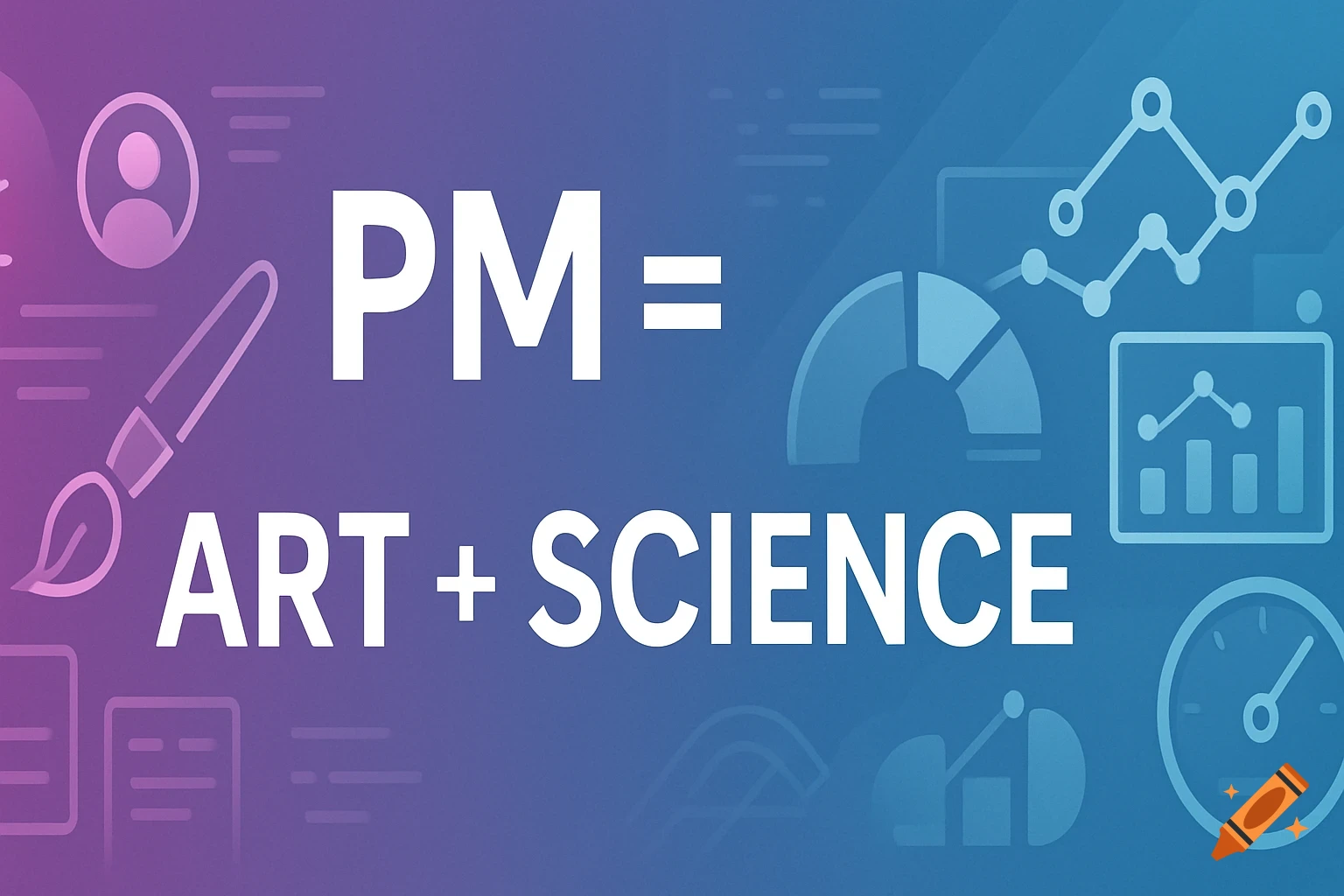 Text 'PM = Art + Science' on a gradient background with icons of a user, paintbrush, charts, and graphs.