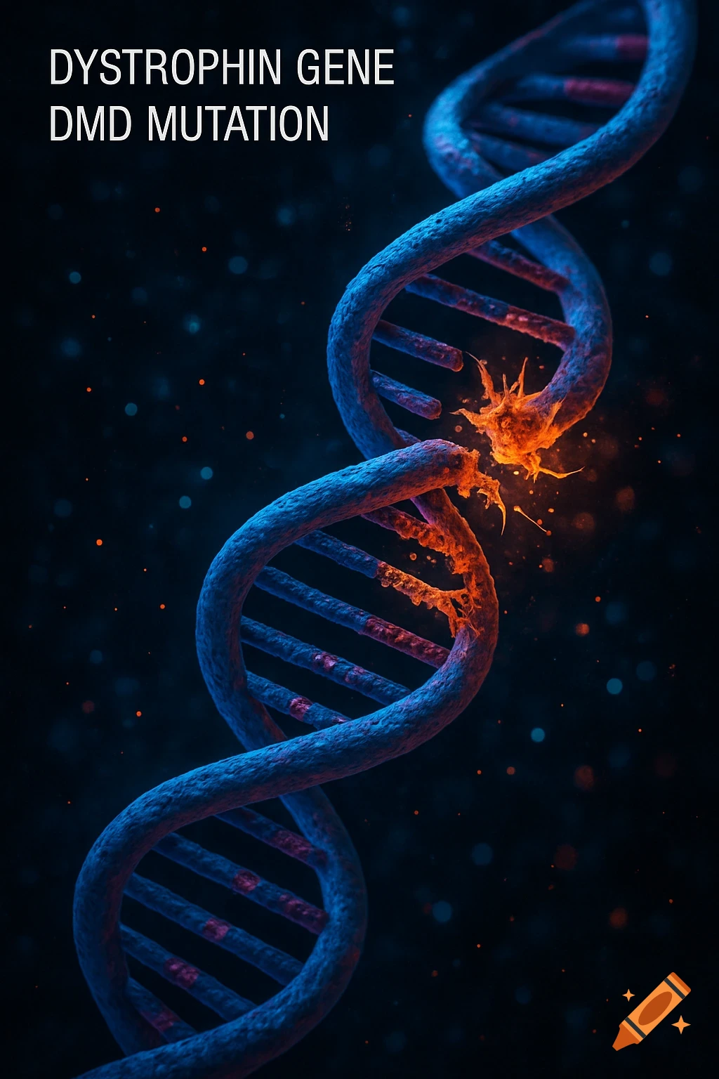 A blue DNA double helix, with a segment showing an orange, broken mutation, on a dark background. Text reads: DYSTROPHIN GENE DMD MUTATION.