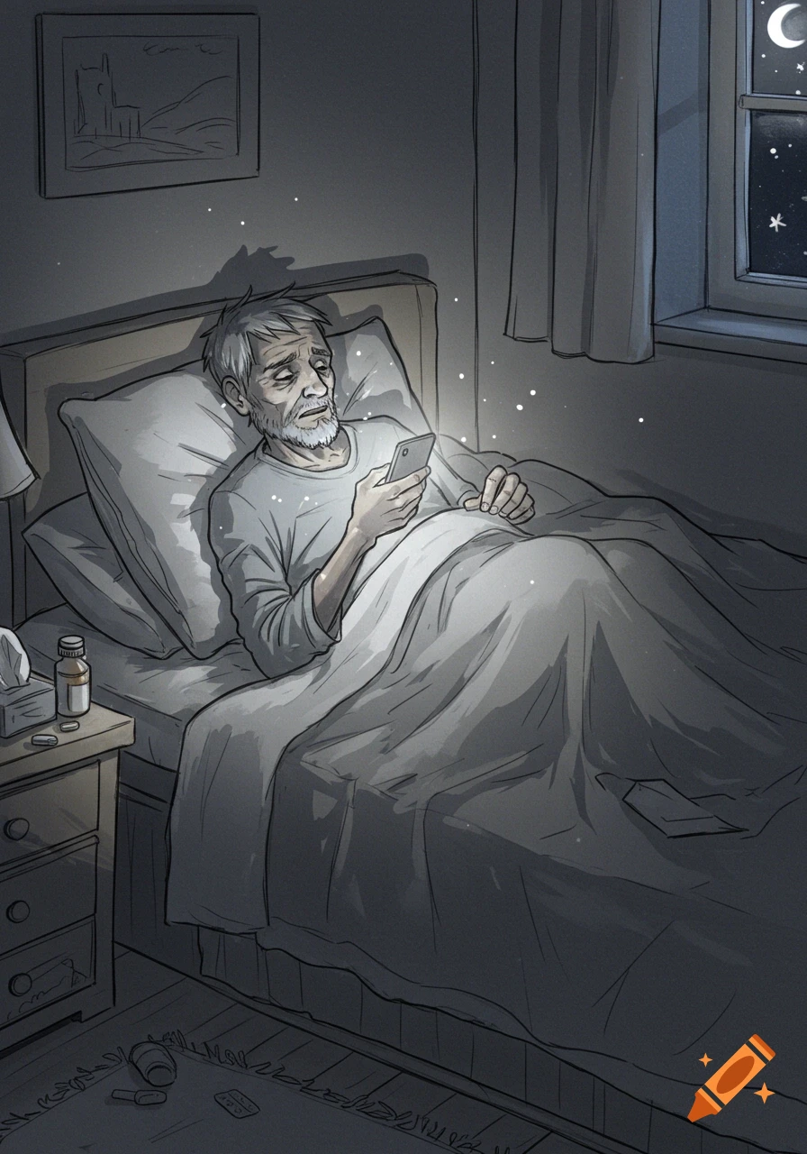 A sad, elderly man with a beard lies awake in bed at night, illuminated by his smartphone screen, with medicine on his nightstand in a sketch style.