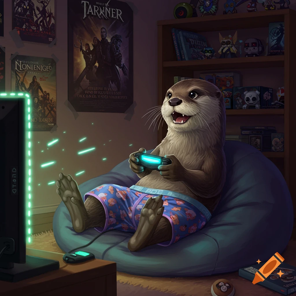 An anthropomorphic otter in cartoon underwear sits on a beanbag chair, happily playing video games with a glowing blue controller in a dimly lit room with game posters.