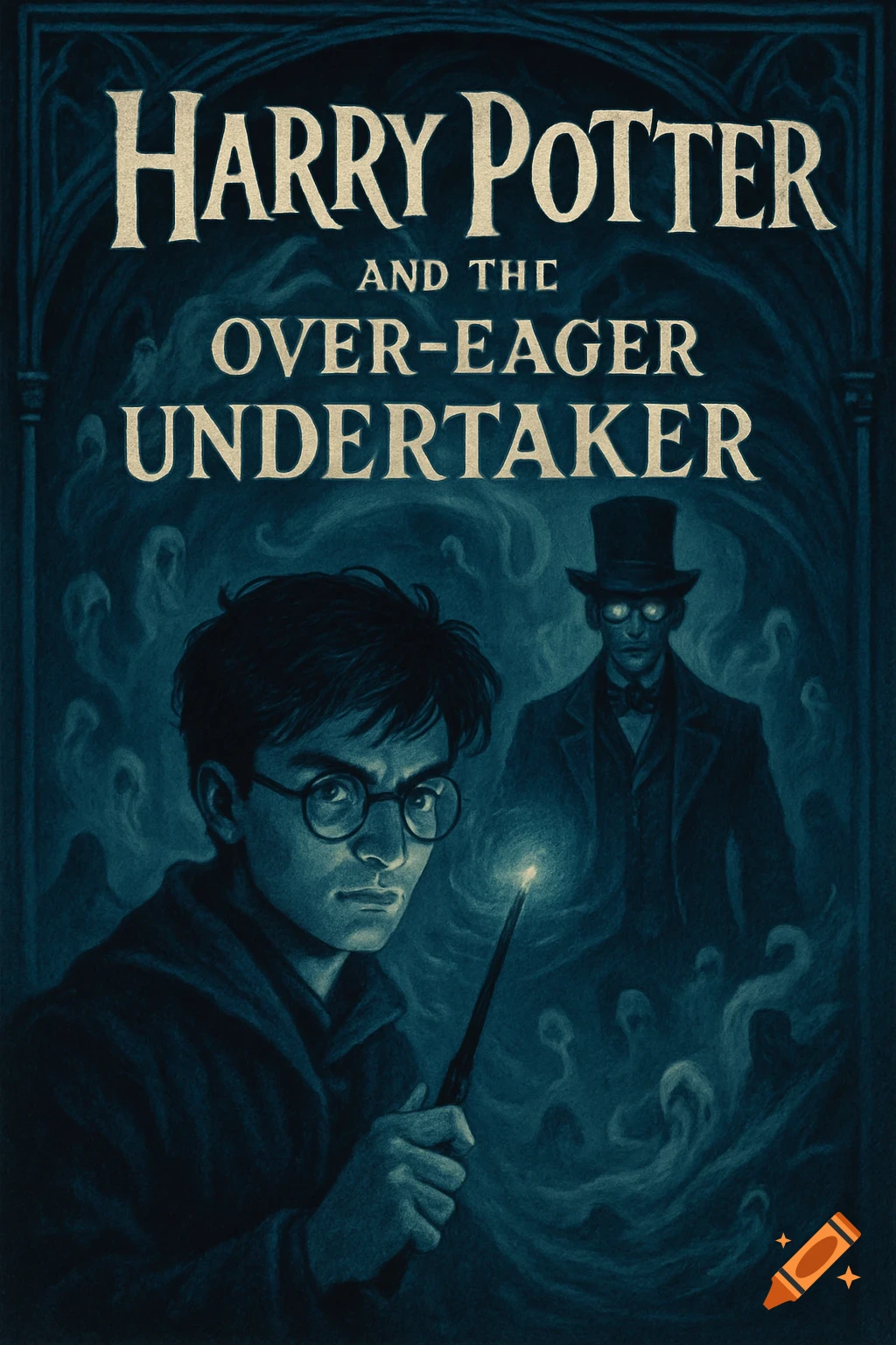 Dark blue illustration of Harry Potter with a glowing wand and a shadowy undertaker figure emerging from smoke, with a book title.