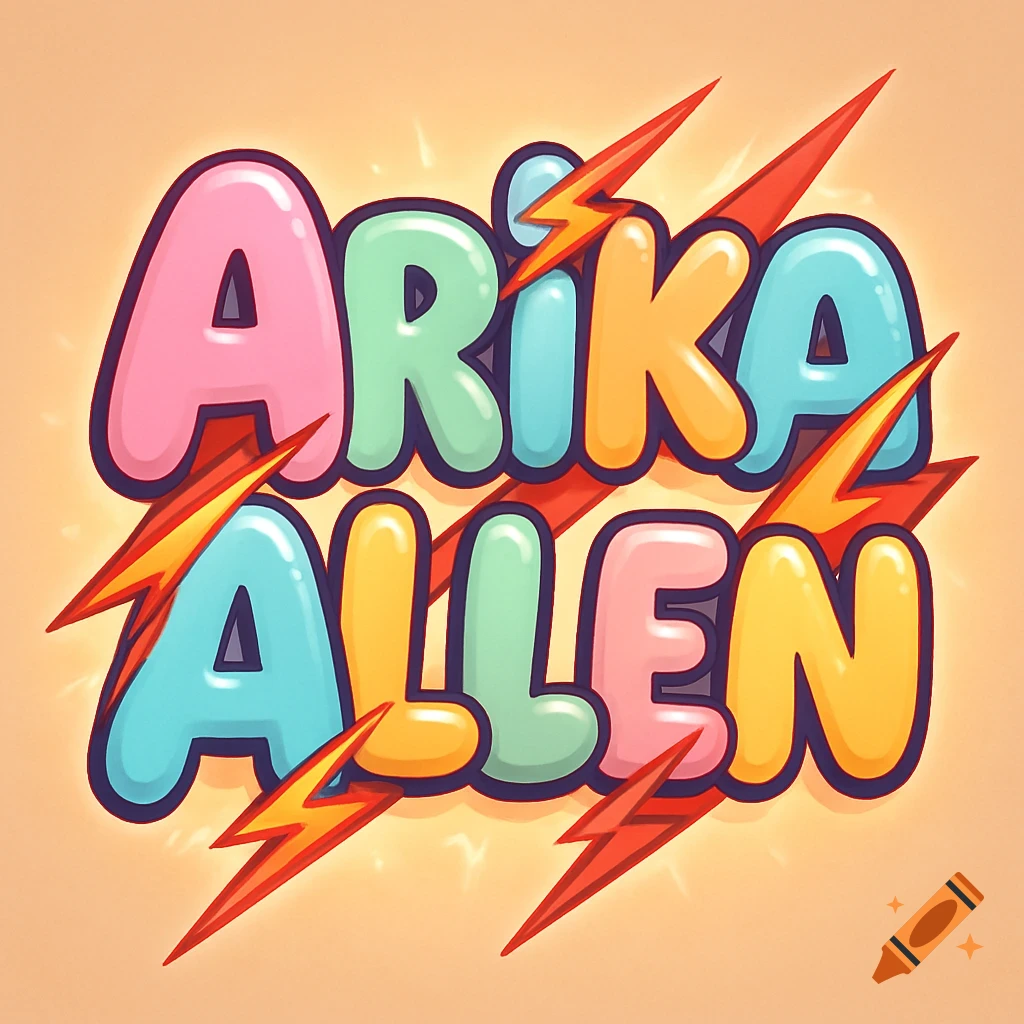 Colorful bubble letters spelling 'ARIKA ALLEN' with red lightning bolts in a cartoon style.