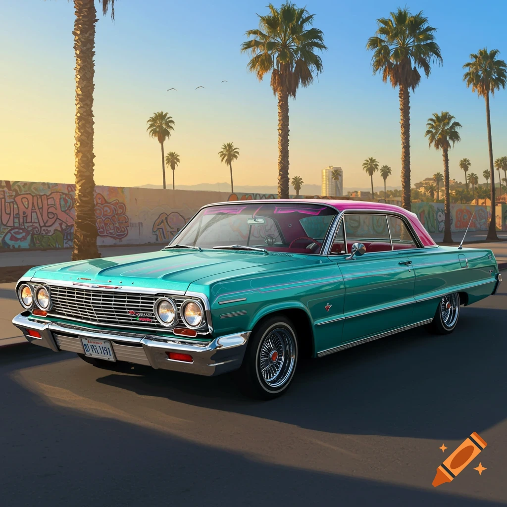 A teal and pink 1963 Chevy Impala lowrider with chrome wire spoke rims parked on a street at sunset, with palm trees and a graffiti wall in the background.