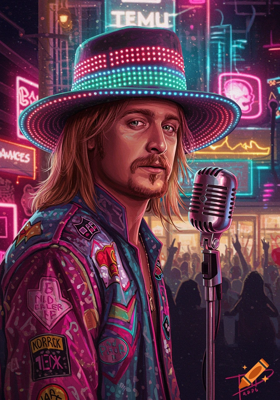 Stylized portrait of Kid Rock in a neon-lit urban setting. He wears a light-up fedora and a colorful patched jacket, standing at a microphone with a crowd in the background.