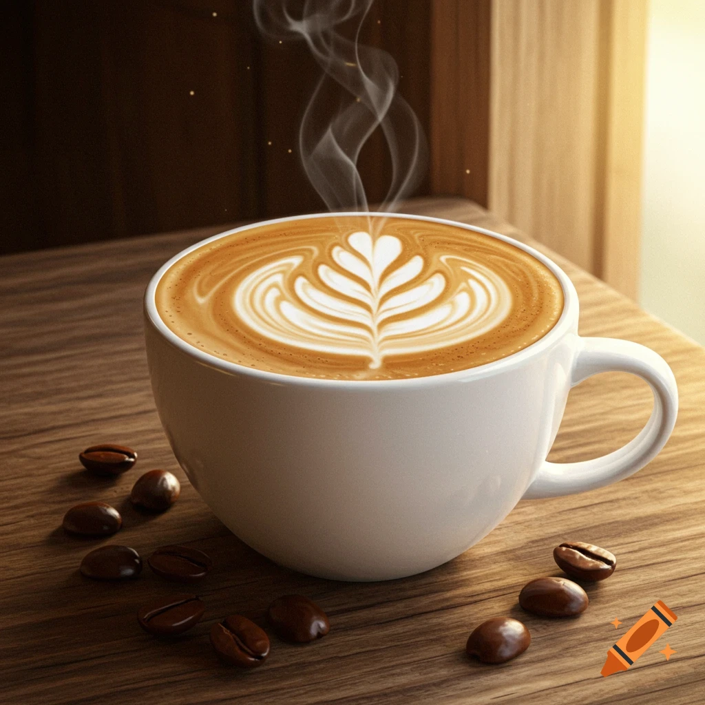Close-up of a white coffee cup with intricate latte art, steam, and scattered coffee beans on a wooden table.