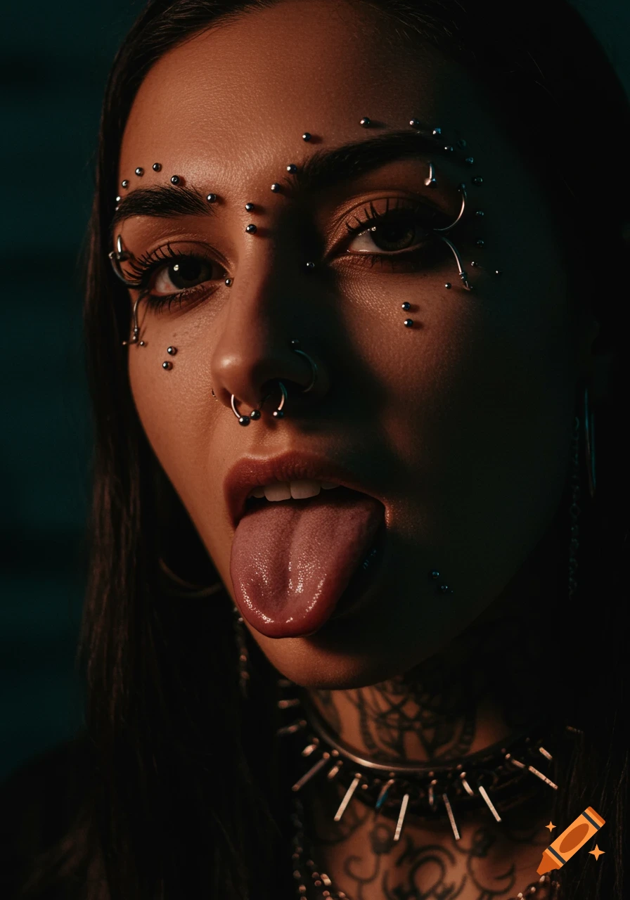 Close-up of a young woman with numerous facial piercings, a neck tattoo, and spiked choker, sticking out her tongue in dim, moody light.