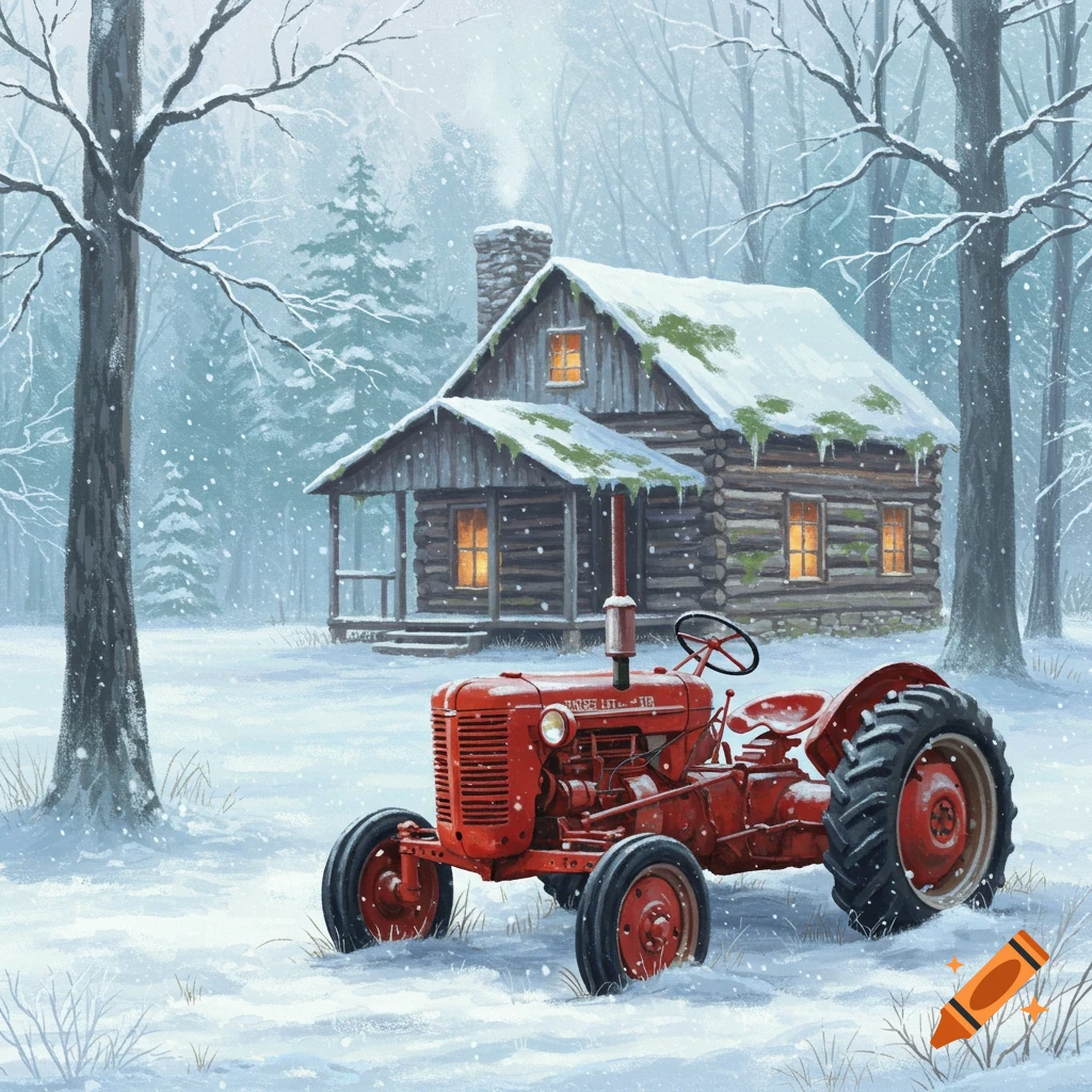 A red vintage tractor parked in front of a rustic log cabin in a snowy winter forest with falling snow.