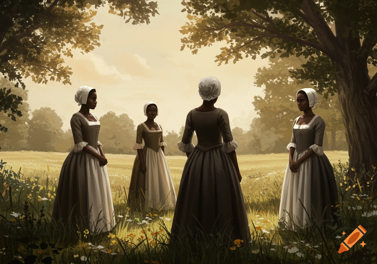 Four African women in traditional 18th-century Quaker dresses in a sunlit field, artistic style.