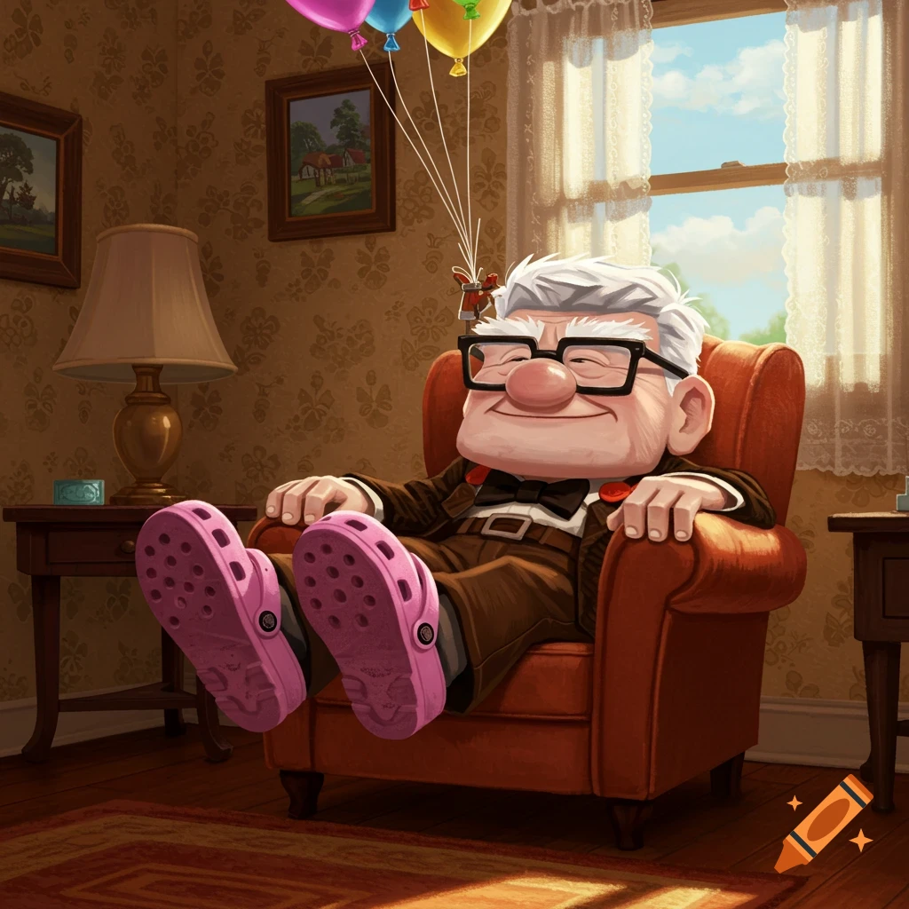 Carl Fredricksen from Up, wearing pink Crocs, relaxes in an armchair while holding balloons in a cozy living room.