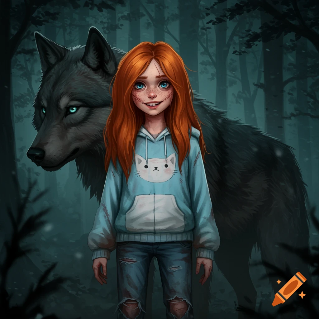 Stylized illustration of a red-haired girl with a cat hoodie and ripped jeans, standing in a dark forest with a large gray wolf.