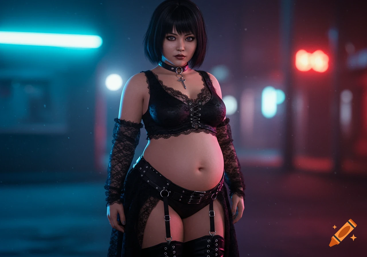 Photorealistic full-body portrait of a chubby Japanese goth woman in black lace and leather revealing attire, exposing her belly, in a neon-lit urban setting.