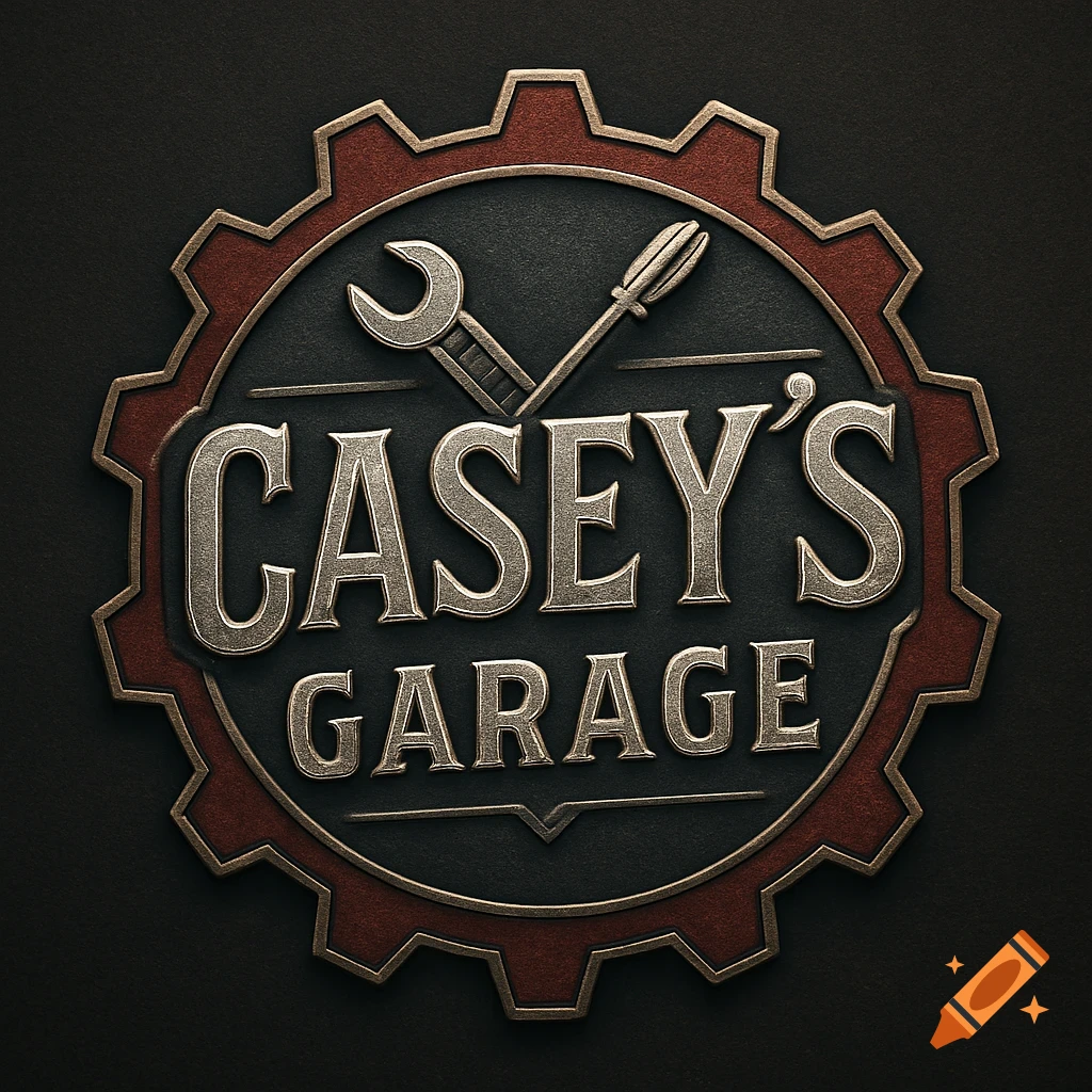 Vintage-style logo for Casey's Garage, featuring metallic silver text, a wrench, and a screwdriver on a dark gray circular background, encircled by a reddish-brown gear outline.