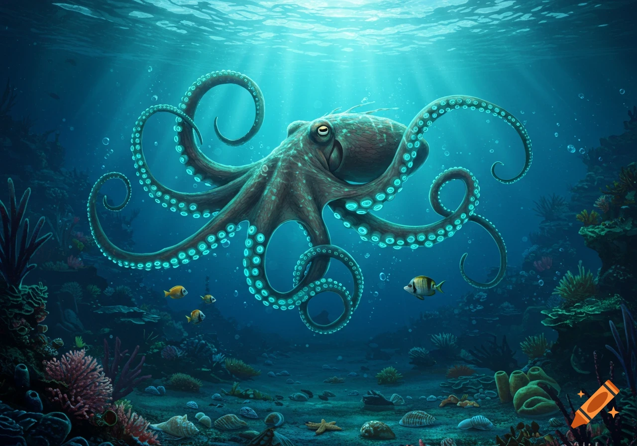 Detailed illustration of a large octopus with glowing blue suckers swimming in a vibrant coral reef underwater scene, with light rays.
