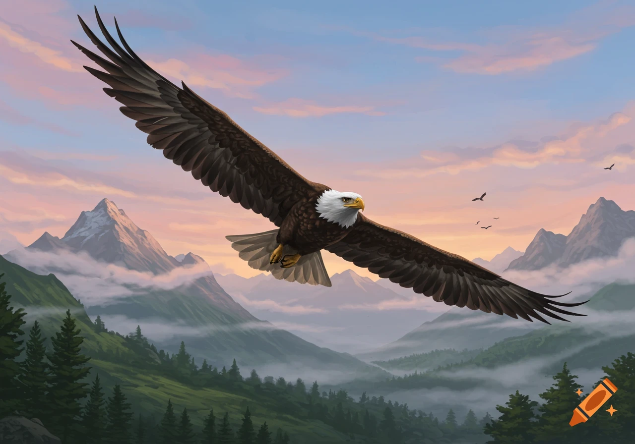A bald eagle with outstretched wings flies over a vibrant mountain landscape with misty valleys and a sunset sky.
