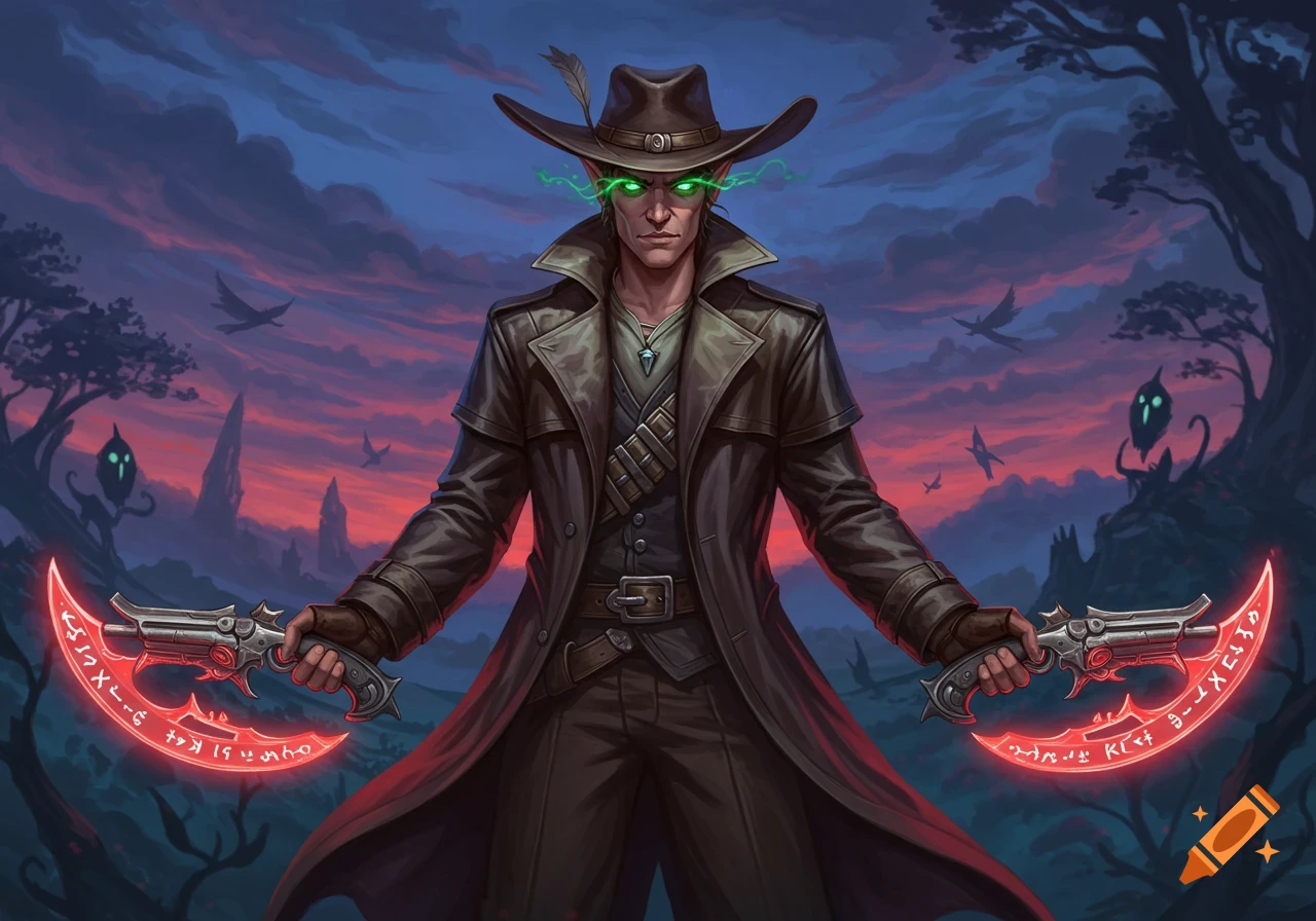 A dark fantasy male elf warlock with glowing green eyes wears a trench coat and cowboy hat, holding two glowing red crescent spell pistols under a dramatic twilight sky.