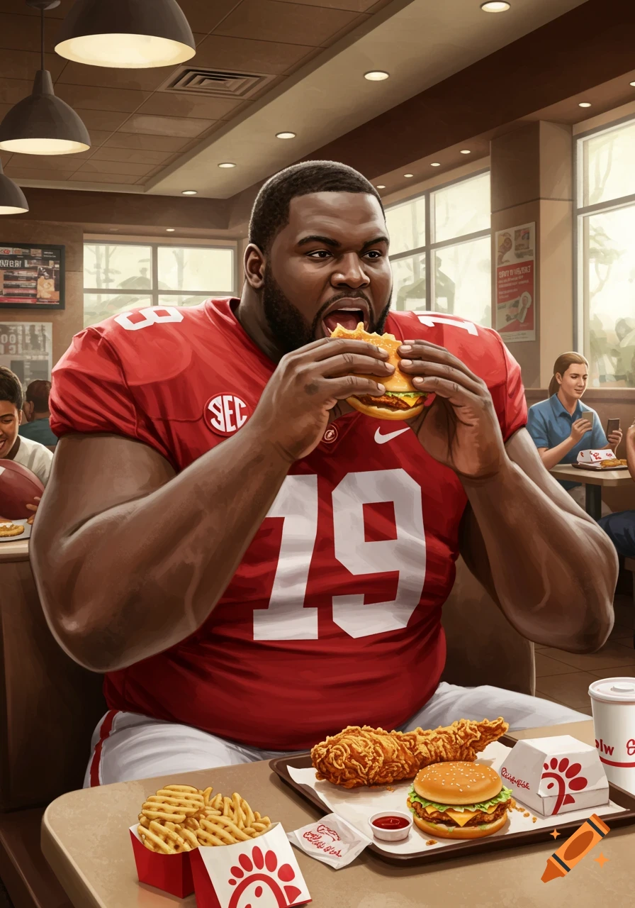 A large male football lineman in a red jersey with '19' and 'SEC' eats a hamburger at a fast-food restaurant with Chick-fil-A packaging on the table.