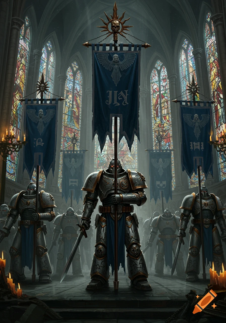 Armored Grey Knights stand with banners inside a grand gothic cathedral with stained glass windows.