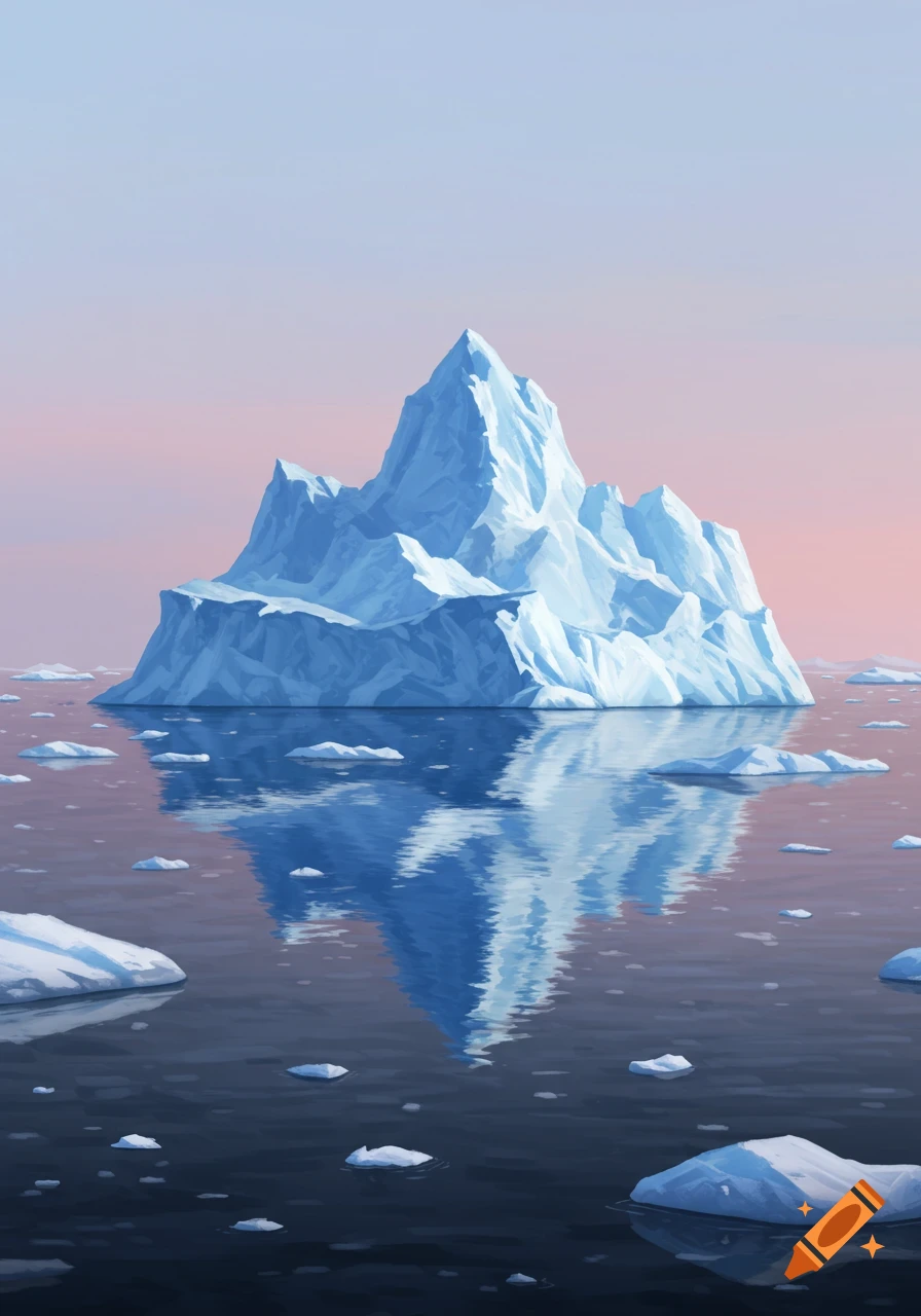 A stylized painting of a large blue and white iceberg reflecting in calm water under a pastel pink and blue sky.