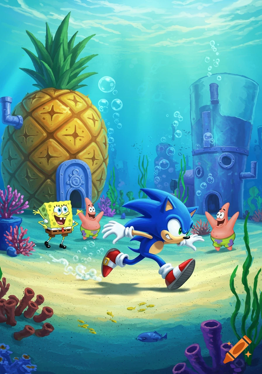 Sonic the Hedgehog runs past Spongebob and Patrick in a colorful underwater scene of Bikini Bottom.