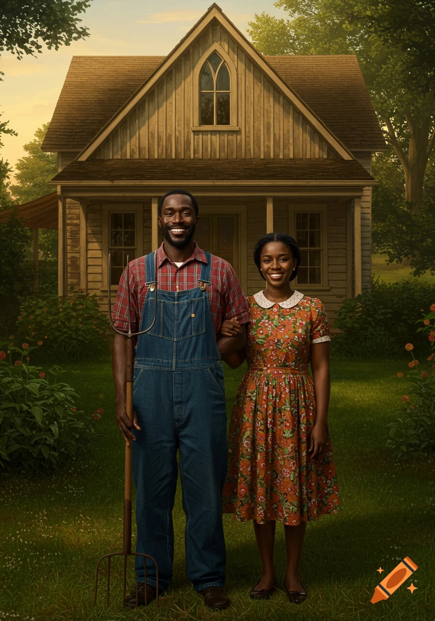 A smiling Black couple stands arm-in-arm in front of a wooden house; the man holds a pitchfork.