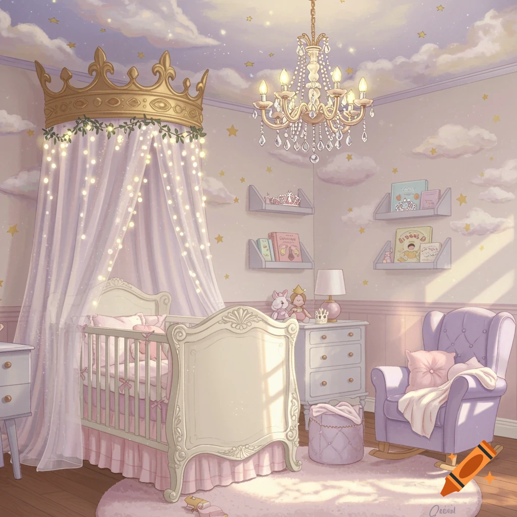 A whimsical illustration of a pink and purple princess-themed baby nursery with a crib, rocking chair, and chandelier.
