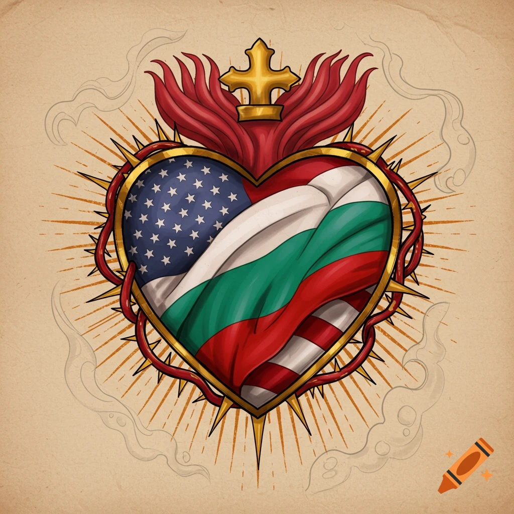 Neotraditional sacred heart tattoo design with intertwined American and Bulgarian flags, surrounded by thorns, flames, and topped with a cross.