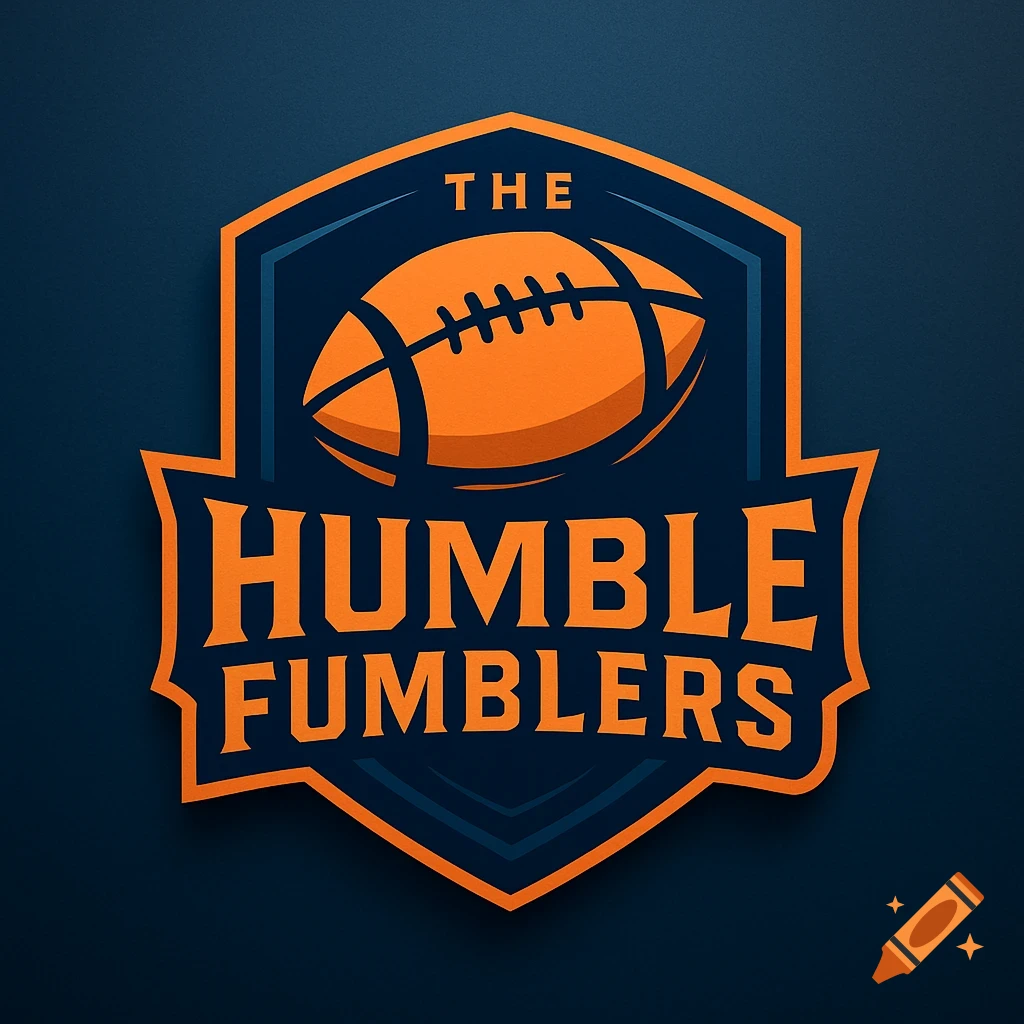 Dark blue and orange shield logo with a football and text 'THE HUMBLE FUMBLERS' for a sports team.