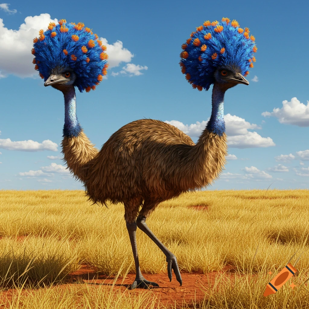 A photorealistic two-headed emu with blue and orange pompom-like feathers stands in a golden field under a blue sky.
