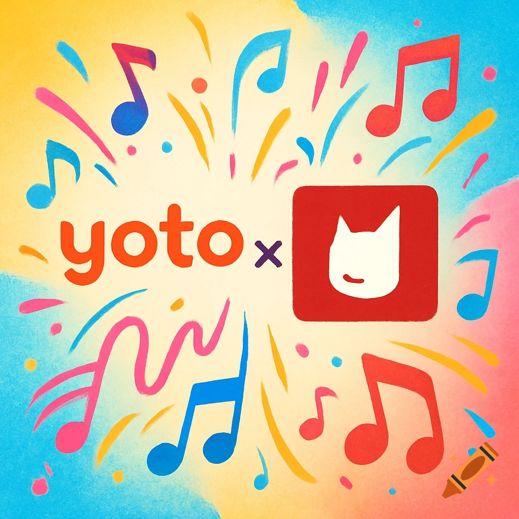 Colorful illustration of 'yoto x' and a cat logo surrounded by musical notes and confetti on a pastel background.