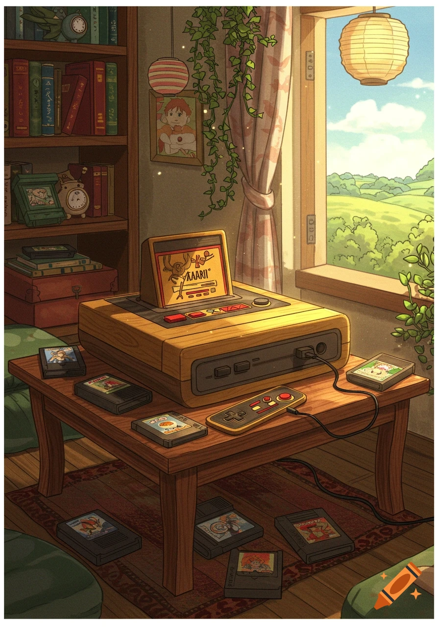 A cozy, sunlit room in Studio Ghibli style, featuring a wooden retro game console with cartridges on a table and floor, next to a window with green hills outside.