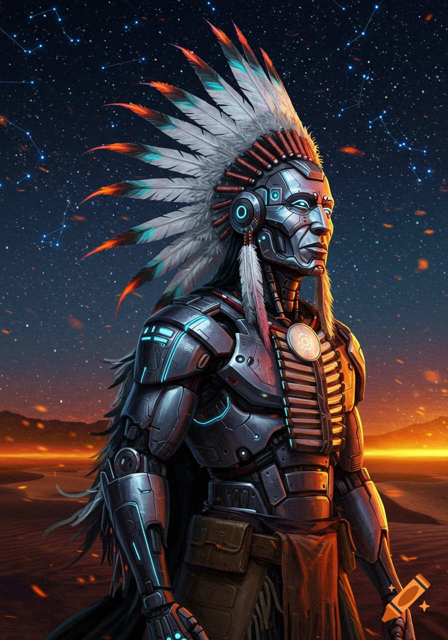 A futuristic robotic Native American man with a feather headdress and glowing armor stands in a desert under a starry night.