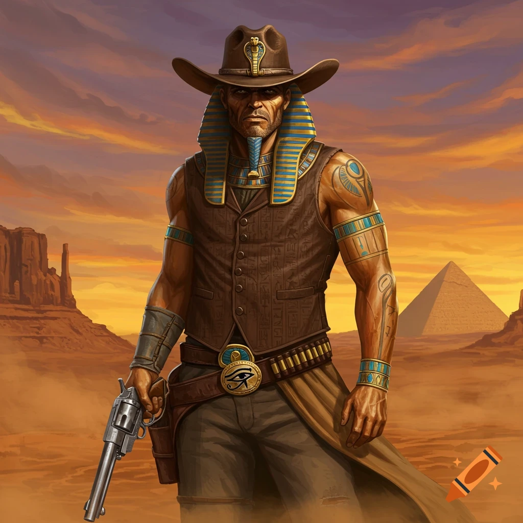 A muscular man in a cowboy hat, pharaoh headpiece, and vest holds a revolver in a desert with mesas and a pyramid.