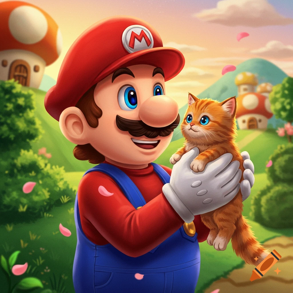 Cartoon Mario, in a red cap and blue overalls, smiles while gently holding an orange tabby kitten in a vibrant green landscape with mushroom houses.