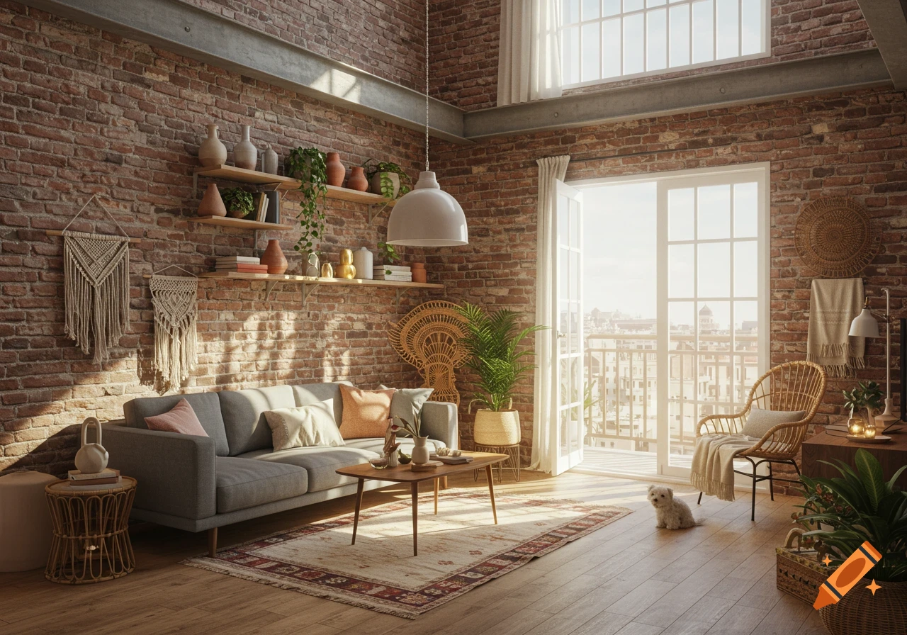 Sunlit modern minimalist living room with exposed brick walls, gray sofa, boho decor, and a small white dog.