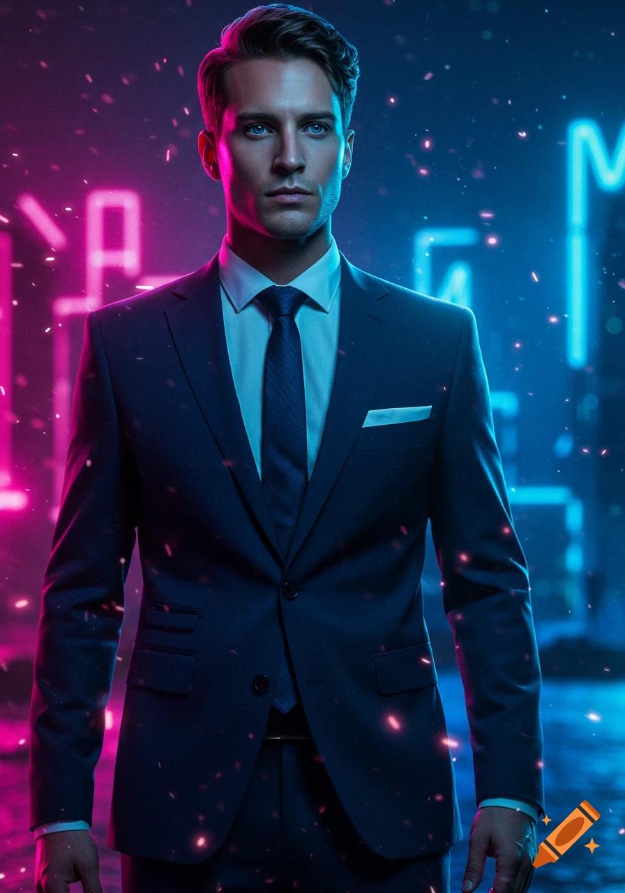 A man in a dark suit and tie stands in front of blurry pink and blue neon lights, with small, bright sparks floating in the air. Photorealistic style.