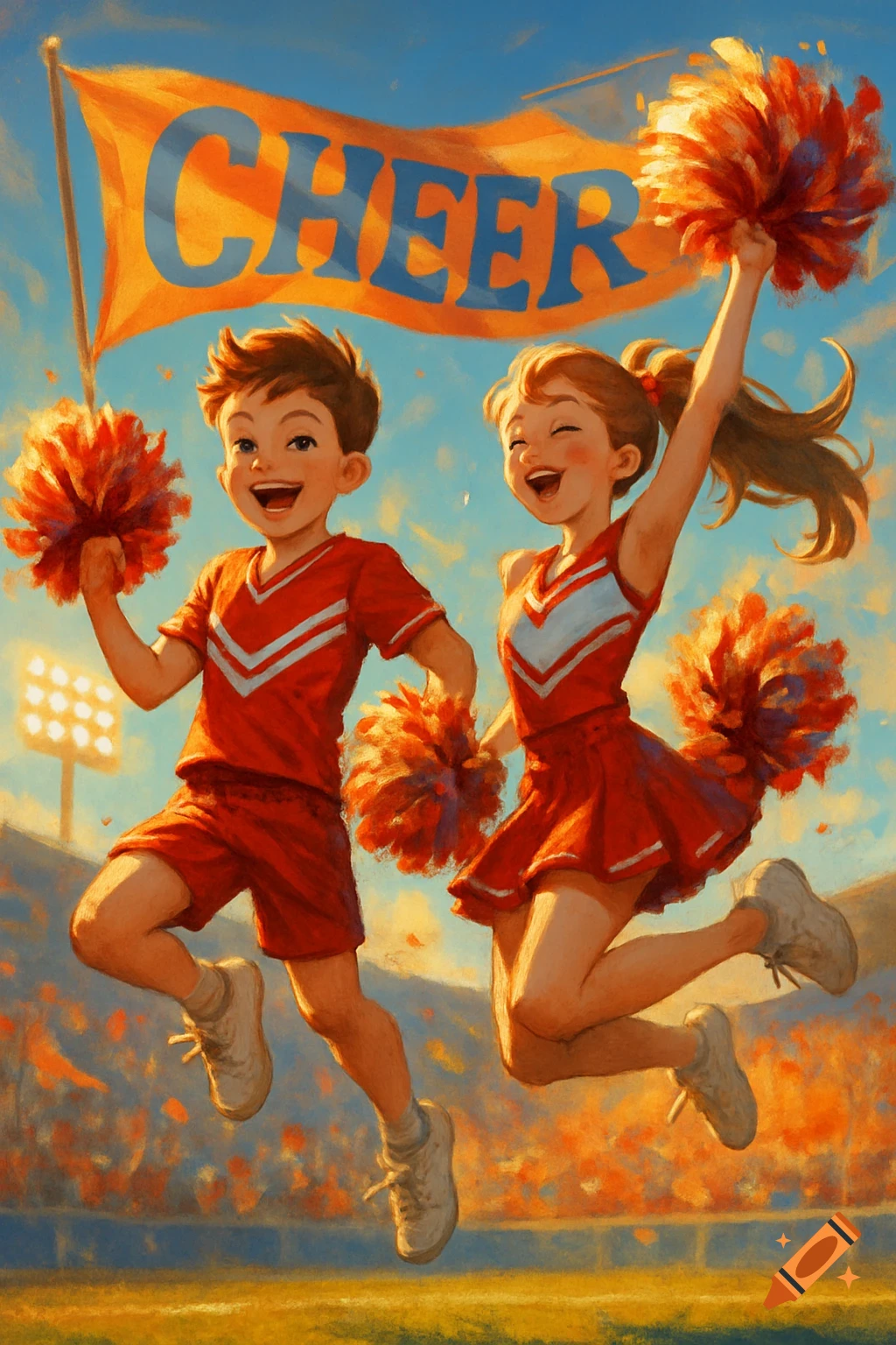 A boy and girl cheerleader jump with pom-poms in a stadium, beneath a banner that reads 'CHEER'. Stylized illustration.