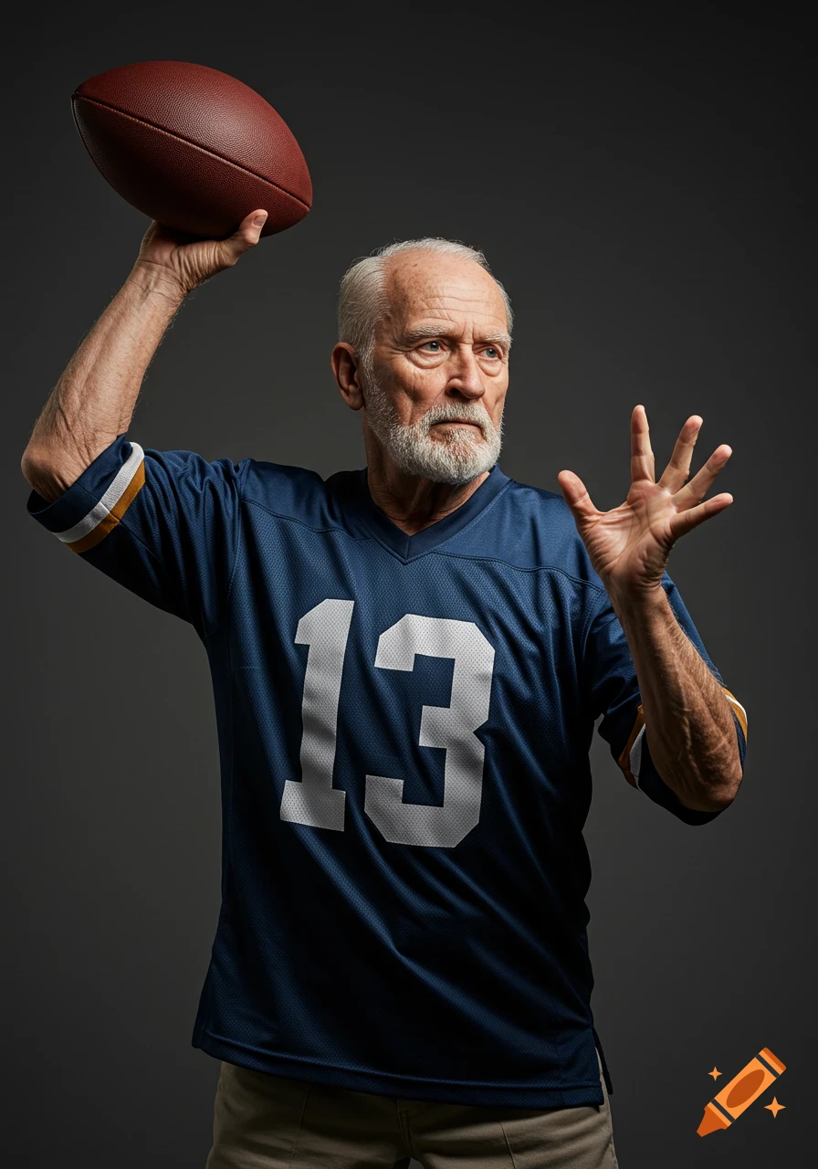 Photorealistic image of an elderly man in a blue football jersey with '13' throwing a football.