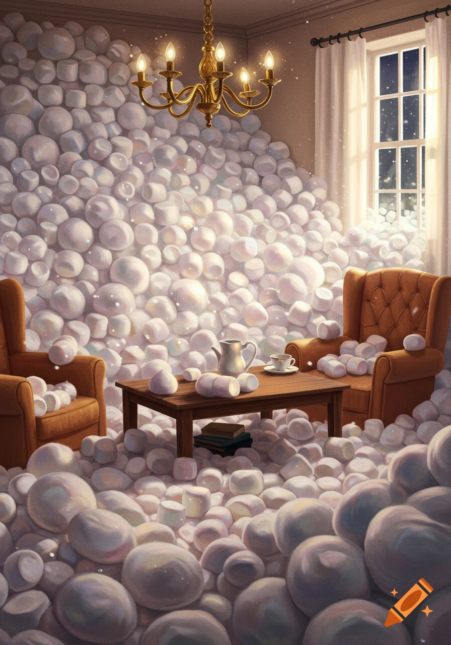 A cozy room completely filled with fluffy white marshmallows, featuring two armchairs and a coffee table by a window showing a snowy night.