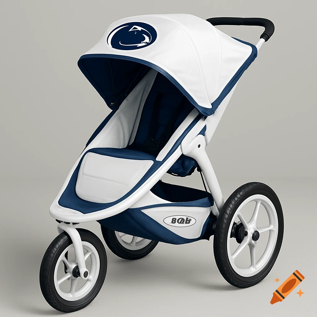 A white and blue Penn State themed jogging stroller with a large Nittany Lion logo on the canopy and '8Qb' text on the side.