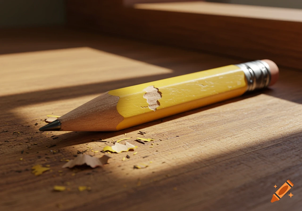 A photorealistic close-up of a chewed-up yellow number 2 pencil on a wooden surface, surrounded by wood shavings.