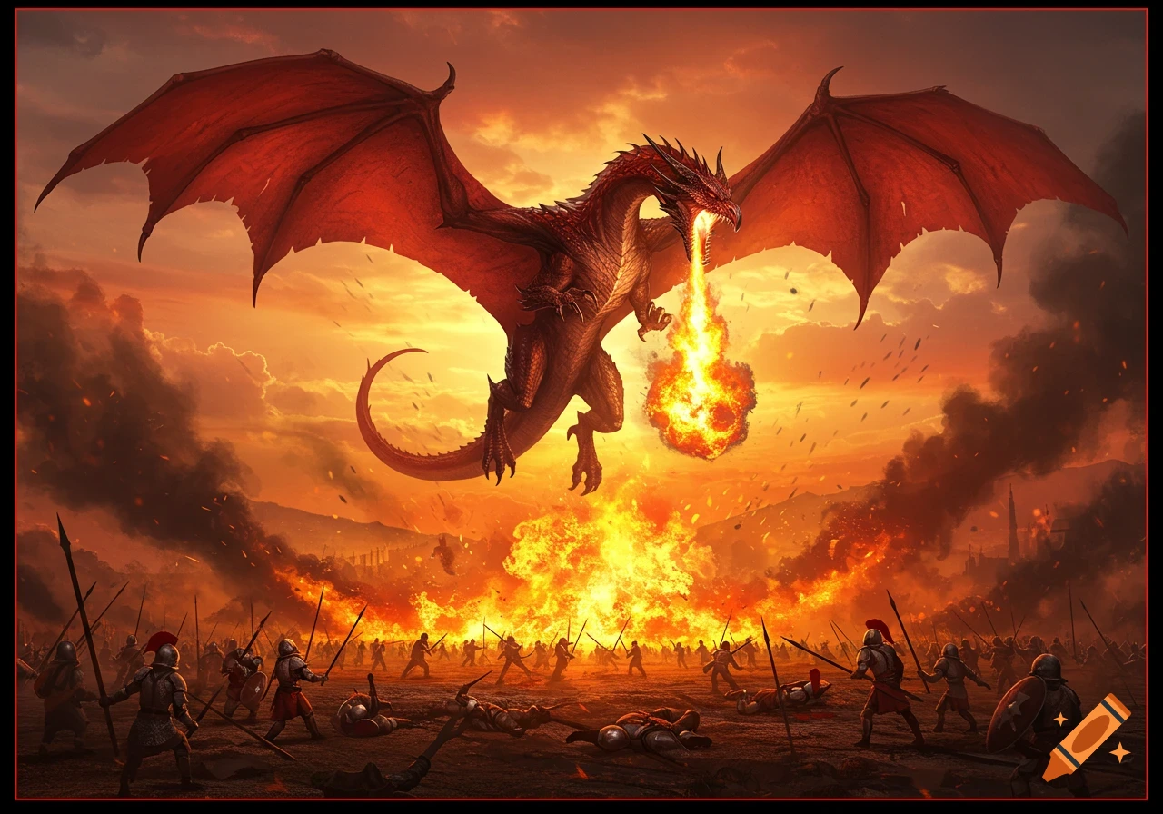 A fierce red dragon with large wings breathes fire upon a chaotic battlefield full of armored warriors and flames under a dramatic orange sky.