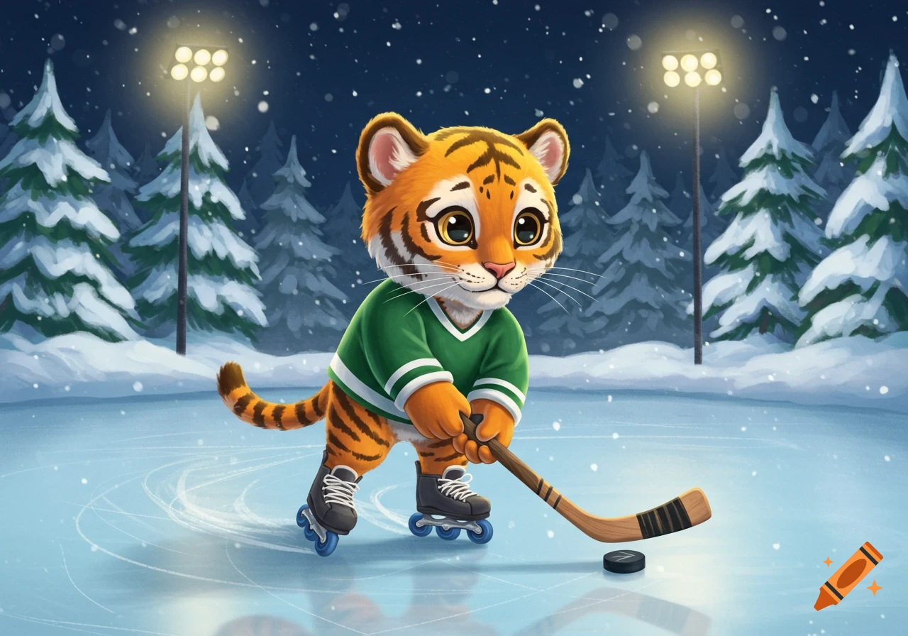 Cute cartoon baby tiger in a green hockey jersey and rollerblades plays hockey on a snowy outdoor ice rink at night.