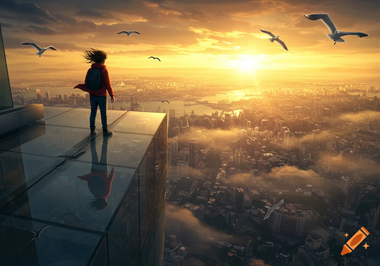 A person stands on a transparent skyscraper ledge overlooking a vast city at a golden sunset, with birds flying around.