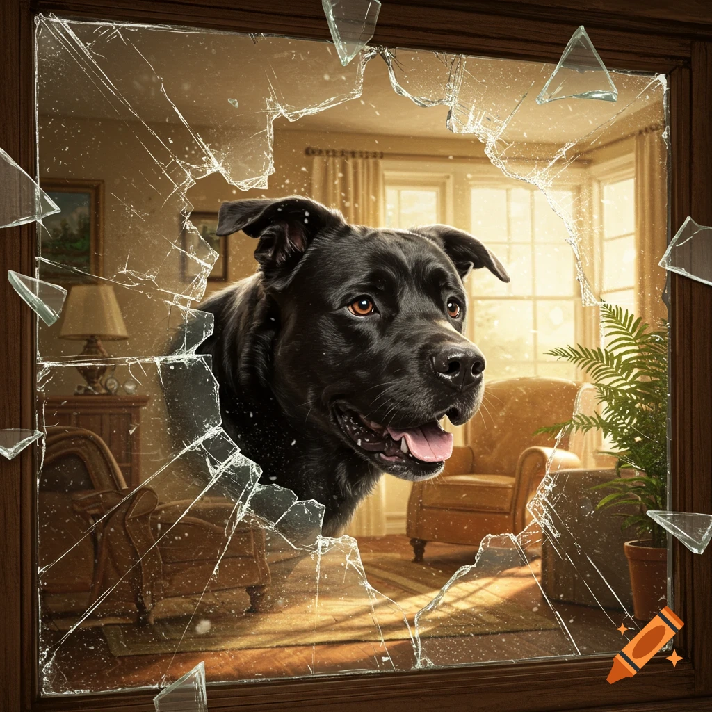 A photorealistic black dog bursts through a shattered window into a sunlit living room.