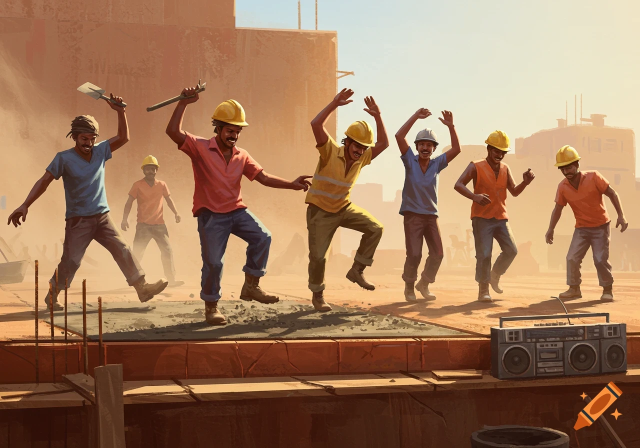 Illustrated scene of construction workers joyfully dancing on a concrete slab at a dusty construction site with a boombox.