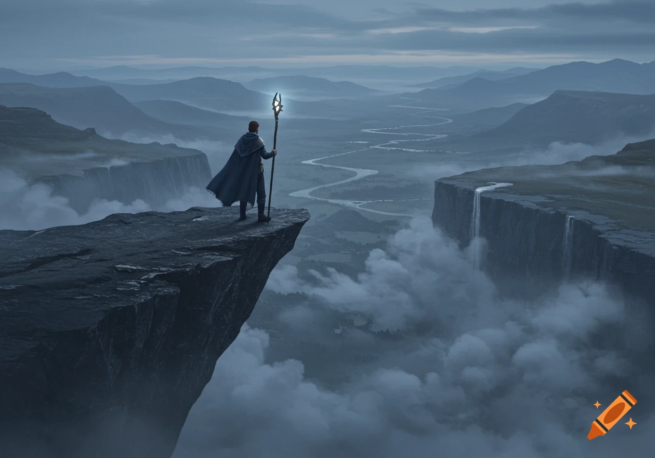 A robed figure with a glowing staff stands on a cliff overlooking a vast, misty mountain valley with a winding river and waterfalls.