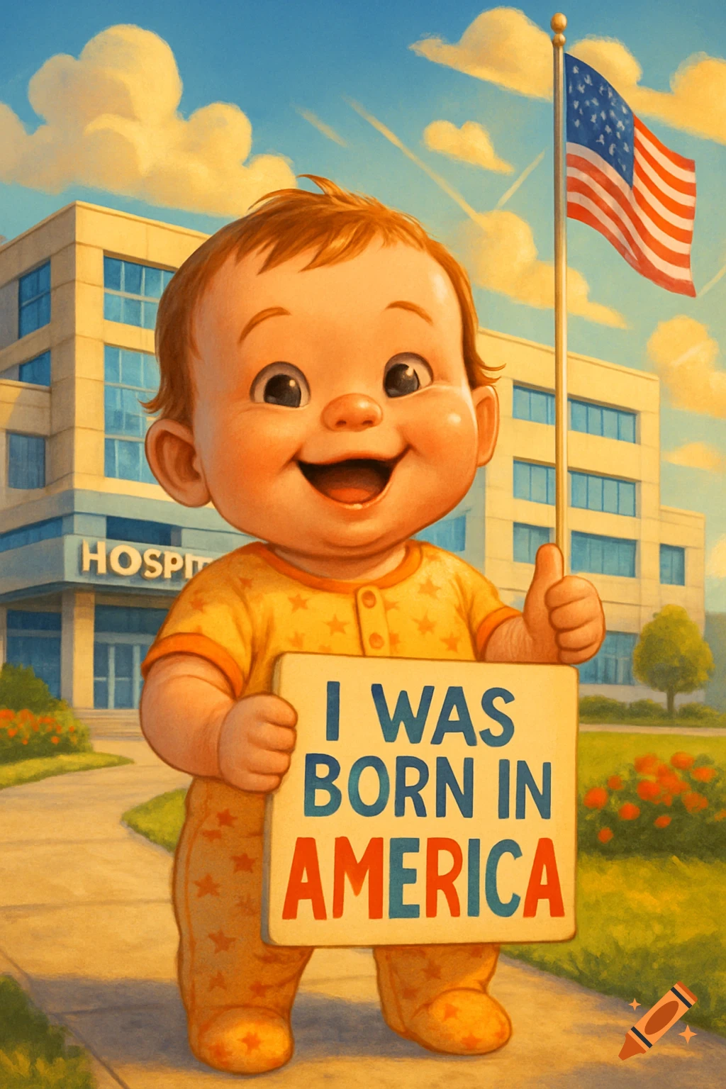 A smiling cartoon baby holds a sign 'I WAS BORN IN AMERICA' in front of a hospital and an American flag, in a vibrant illustration.