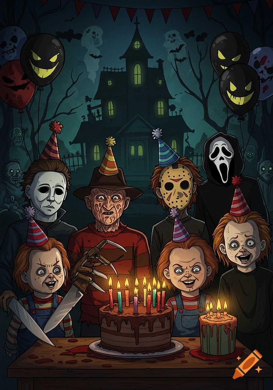 Cartoon horror characters Michael Myers, Freddy Krueger, Jason Voorhees, Ghostface, and Chucky celebrating a spooky birthday party in front of a haunted house.