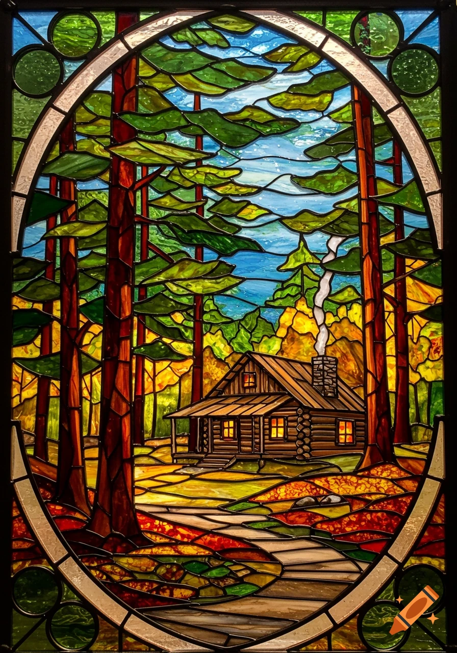 Stained glass artwork of a cozy log cabin with smoke rising from the chimney, surrounded by a vibrant forest in autumn colors.